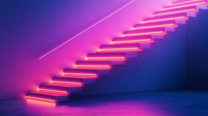 Obraz premium Abstract staircase made of bright neon lines leading upward, representing creative business success, climbing to success, innovation in business.