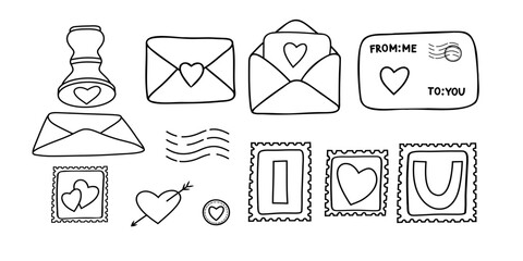 Love Letters Doodle Set. Stamps, Envelopes, Hearts for Valentines Day Collection.