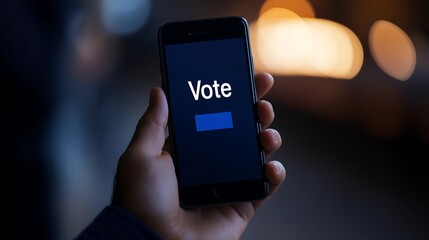 Close-up of a hand holding a phone with a "Vote" reminder notification on screen, digital reminder, get out the vote technology.