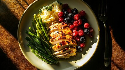 A beautifully plated dish with all five food groups, highlighting protein (chicken), vegetables (green beans), dairy (cheese), grains (rice), and fruit (berries), vibrant lighting with deep shadows,