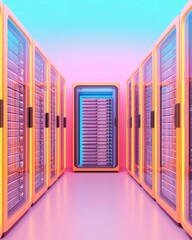 A vibrant, futuristic data center featuring rows of illuminated servers, showcasing a blend of technology and colors in a sleek environment.