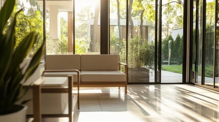Fototapeta premium Modern minimalist sunroom with minimal furniture. Featuring a clean, open design with contemporary lines