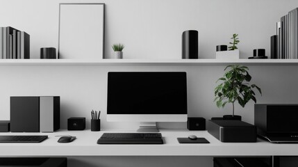 Modern minimalist tech hub with minimal decor. Featuring clean lines and a high-tech setup