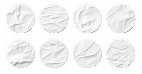 White stickers mockup. Blank labels of different shapes, circle wrinkled paper emblems. Copy space. Stickers or patches for preview tags, labels 
