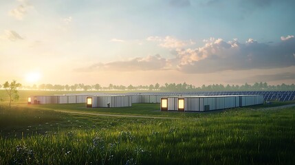 A large-scale energy storage facility in a field, vast metal containers glowing with energy, solar panels scattered across the land, the scene bathed in soft morning light, mood of innovation and