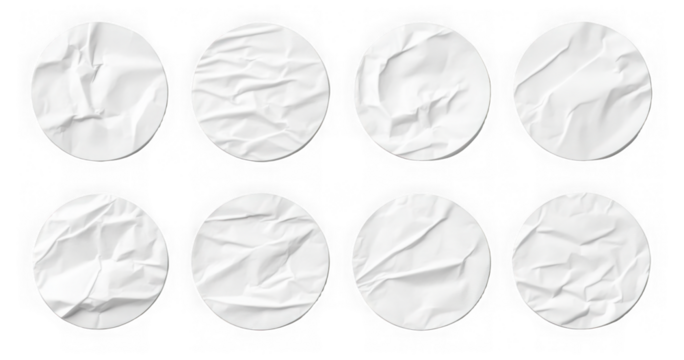 White stickers mockup. Blank labels of different shapes, circle wrinkled paper emblems. Copy space. Stickers or patches for preview tags, labels 
