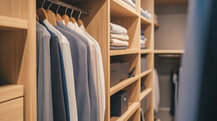 Modern minimalist walk-in closet with minimal decor. Featuring clean lines and a practical design