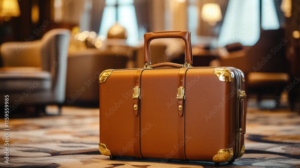 Poster luxurious leather suitcase with golden hardware rests elegantly in an upscale hotel lobby with refin