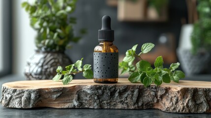 Amber glass dropper bottle with blank label on wood slab, surrounded by mint.