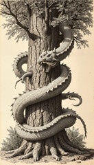 Obraz premium Mystical Dragon Entwined Around Ancient Tree in Detailed Black and White Illustration for Fantasy Art