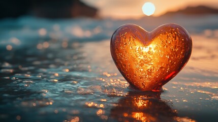 Fototapeta premium A resin heart rests on the wet beach sand, touched by the waves and illuminated by the golden light of sunrise. This image evokes feelings of romance and love