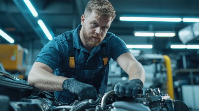 Engagierter Mechaniker, der sich in einer gesch&auml;ftigen Werkstatt auf komplexe Motorreparaturen konzentriert