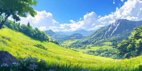 Fototapeta premium Open field with distant mountains and clear skies