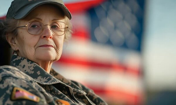 Senior woman veteran in military uniform seated in a wheelchair with the American flag in the background. Reflective mood and dignity. Memorial Day, Veterans Day theme