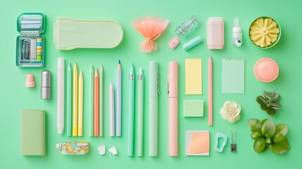 Pastel Stationery and Plants Arranged on Green Background