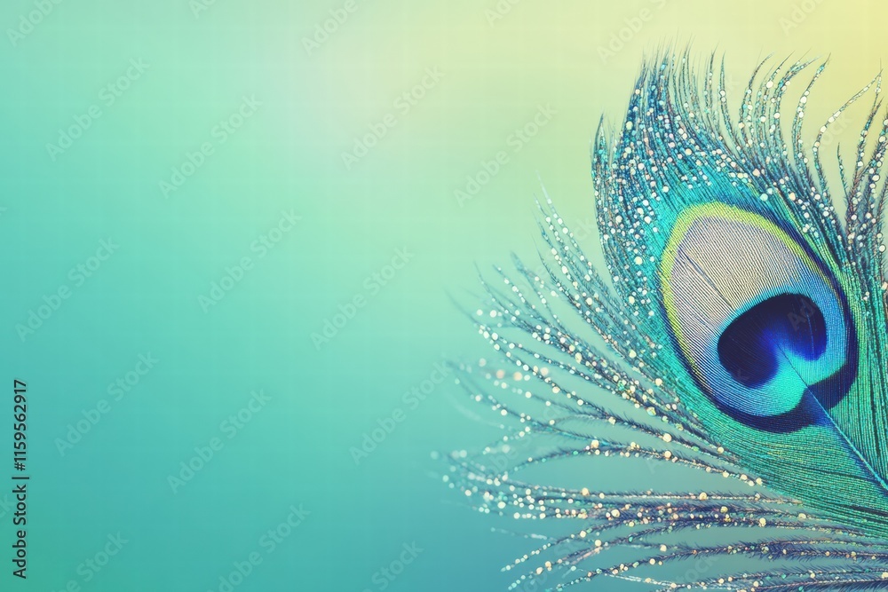 Aufkleber Close up view of a vibrant peacock feather adorned with dew drops on a soft gradient background. Generative AI