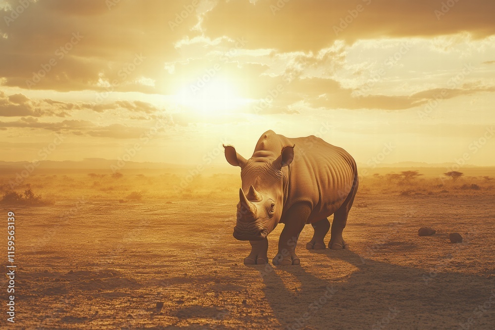 Poster majestic rhino roaming a barren savanna at sunset with ample space for text and mock up. generative 
