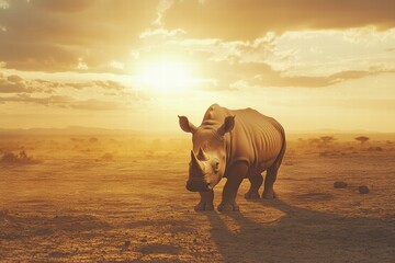 Fototapeta premium Majestic rhino roaming a barren savanna at sunset with ample space for text and mock up. Generative AI