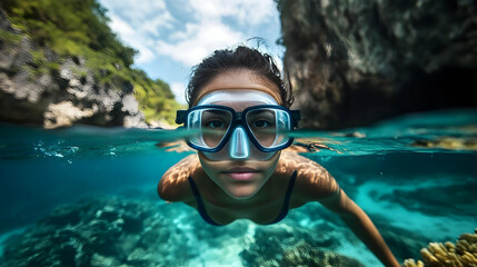 Fototapeta premium A woman snorkeling in a crystal-clear lagoon in Palawan, Philippines, Asia surrounded by dramatic limestone cliffs and vibrant coral reefs