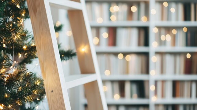 Gem&uuml;tliche Heimbibliothek mit Leiter und warmem Licht, perfekt f&uuml;r die Fr&uuml;hlingslekt&uuml;re