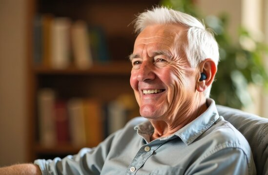 elderly man smiling warmly while wearing hearing aid, sitting comfortably indoors with bookshelf in background. concept of hearing support and healthy aging. world hearing day awareness. healthcare