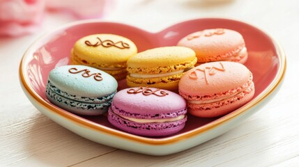 Fototapeta premium Macarons cookies in heart shaped plate, french macarons on bright background. Gift birth day, Valentine's day.