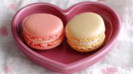 Fototapeta premium Macarons cookies in heart shaped plate, french macarons on bright background. Gift birth day, Valentine's day.