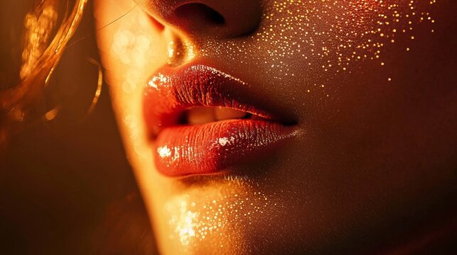 Close-up of red lips with sparkling detail