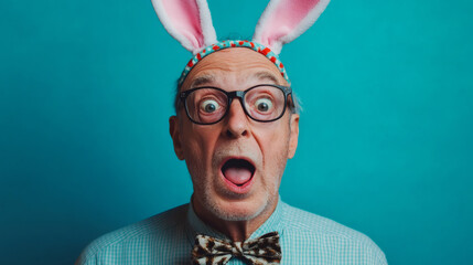 Senior man with bunny ears and bow tie making a funny surprised face on a turquoise background