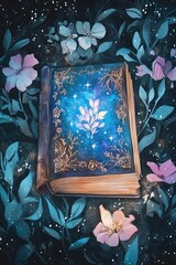 Elegant closed spellbook with golden floral designs surrounded by delicate flowers and leaves under a magical starry night in watercolor style