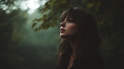Naklejka premium Young woman with long brown hair looking up in a misty forest.