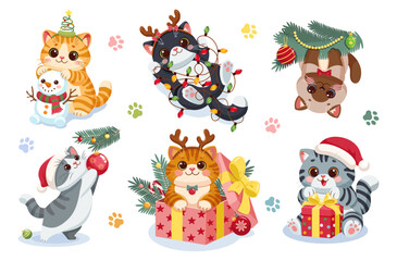 Cute vector illustrations of adorable Christmas cat set featuring playful kittens with festive accessories