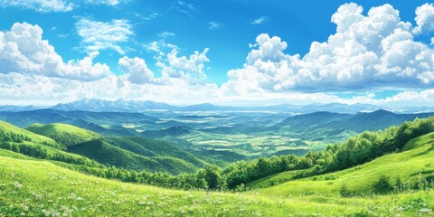 Obraz premium Serene landscape with trees, hills, and bright sky