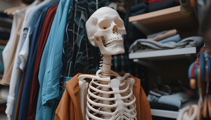 Artificial human skeleton model among clothes in wardrobe