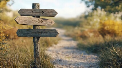 A rustic wooden signpost with multiple arrows stands beside a tranquil path, surrounded by lush greenery and soft sunlight.