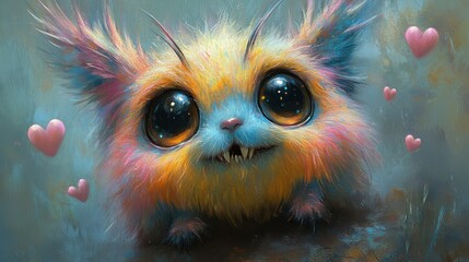 Adorable fluffy rainbow creature with big eyes and hearts.