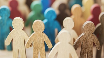 Kollaboratives Gemeinschaftskonzept mit bunten Holzfiguren, die Einheit und gemeinsames Schaffen repräsentieren