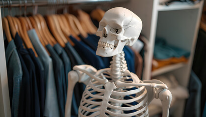Artificial human skeleton model among clothes in wardrobe