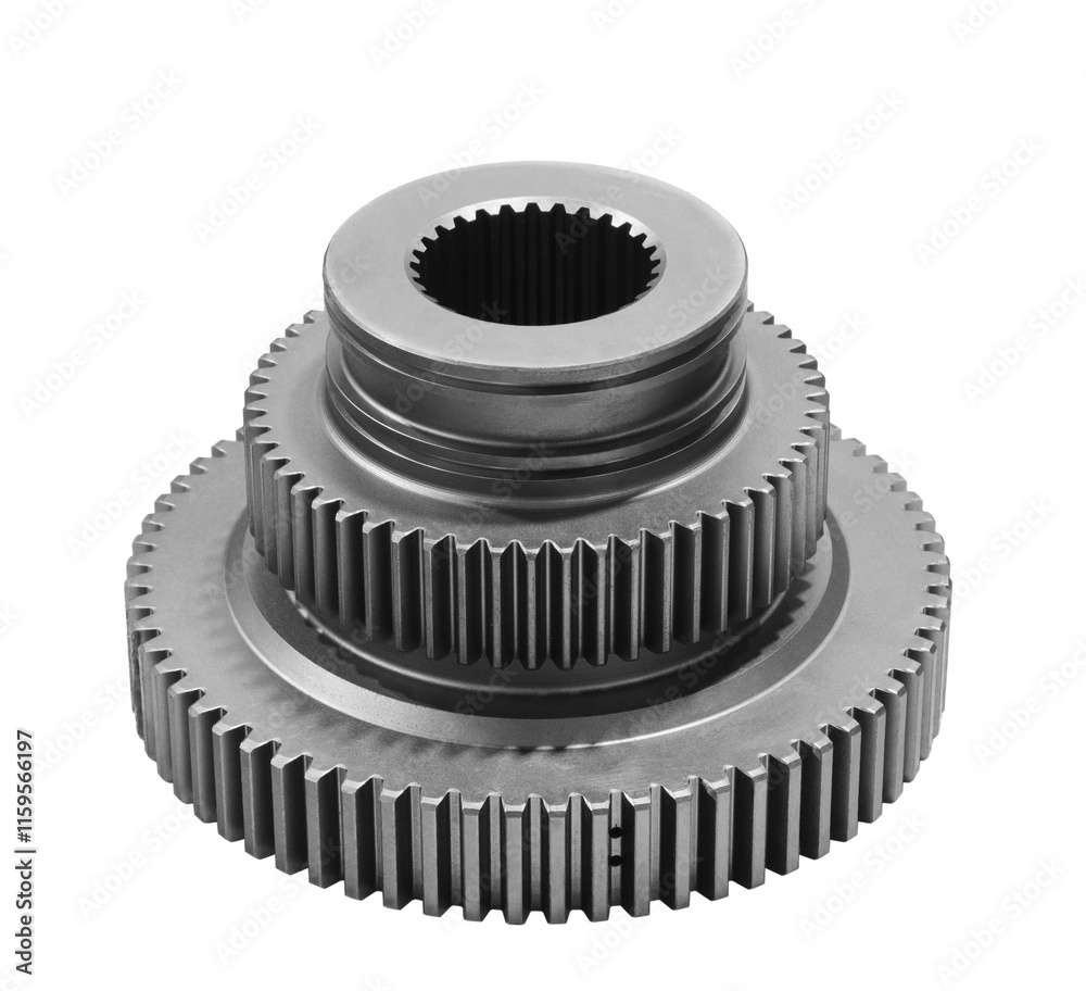 Poster Gear with three gears of different sizes stacked on top of everything else. The gears are gray and metallic isolated on a white transparent background