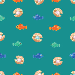 The depths of the seas and oceans are fraught with many unique inhabitants, sea, ocean, water, shell,  
seaweed, vector, seamless pattern, colored, art, illustration, background, isolated