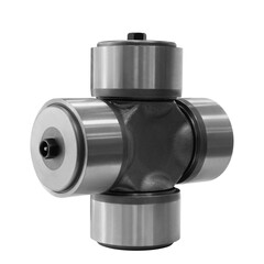 Metal cross-shaped machine or transmission part with bearings isolated on transparent white background