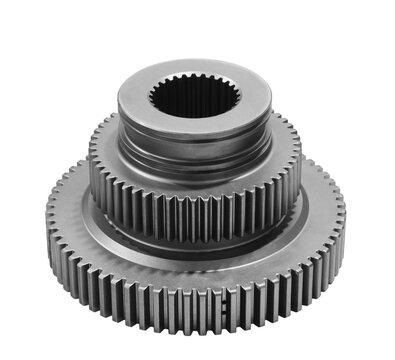 Gear with three gears of different sizes stacked on top of everything else. The gears are gray and metallic isolated on a white transparent background