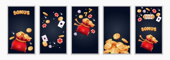 Set of vertical templates for stories, flyers, banners, brochures. Red bag with gold coins. Bonus. Gift. Cards, roulette, chips, casino. Vector illustration.