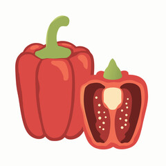 Vegetables. Red bell pepper, whole fruit and half. Vector illustration cartoon flat icon isolated on white. stock illustration