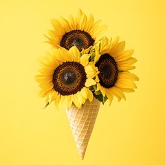 Sunflowers in cone on a yellow background.