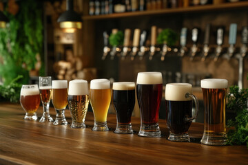 A variety of beers are displayed in elegant glasses on a wooden bar, inviting enthusiasts for a tasting experience in a vibrant brewery atmosphere
