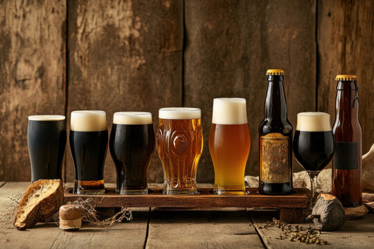 Eight different beers are set for tasting on a wooden board, surrounded by rustic decor and a loaf of bread, creating a warm atmosphere