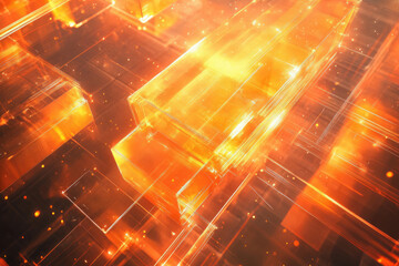 Abstract digital art depicting glowing orange cubes interconnected, creating a futuristic and technological aesthetic.