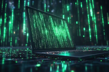 A sleek laptop displays green digital code while surrounded by a stunning futuristic backdrop of data streams, evoking a high-tech atmosphere