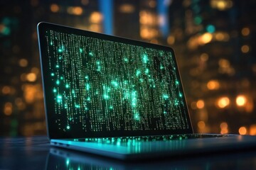 A luminous laptop displays vibrant green binary code, contrasting with a blurred urban backdrop illuminated by city lights at night